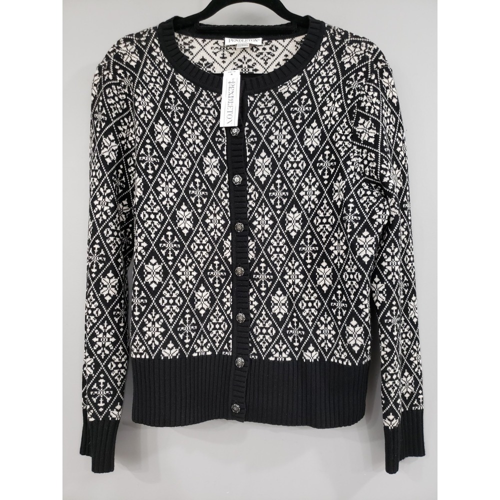 NEW LARGE PETITE WOOL Pendleton Cardigan Sweater‎ Black Snowflake cottagecore